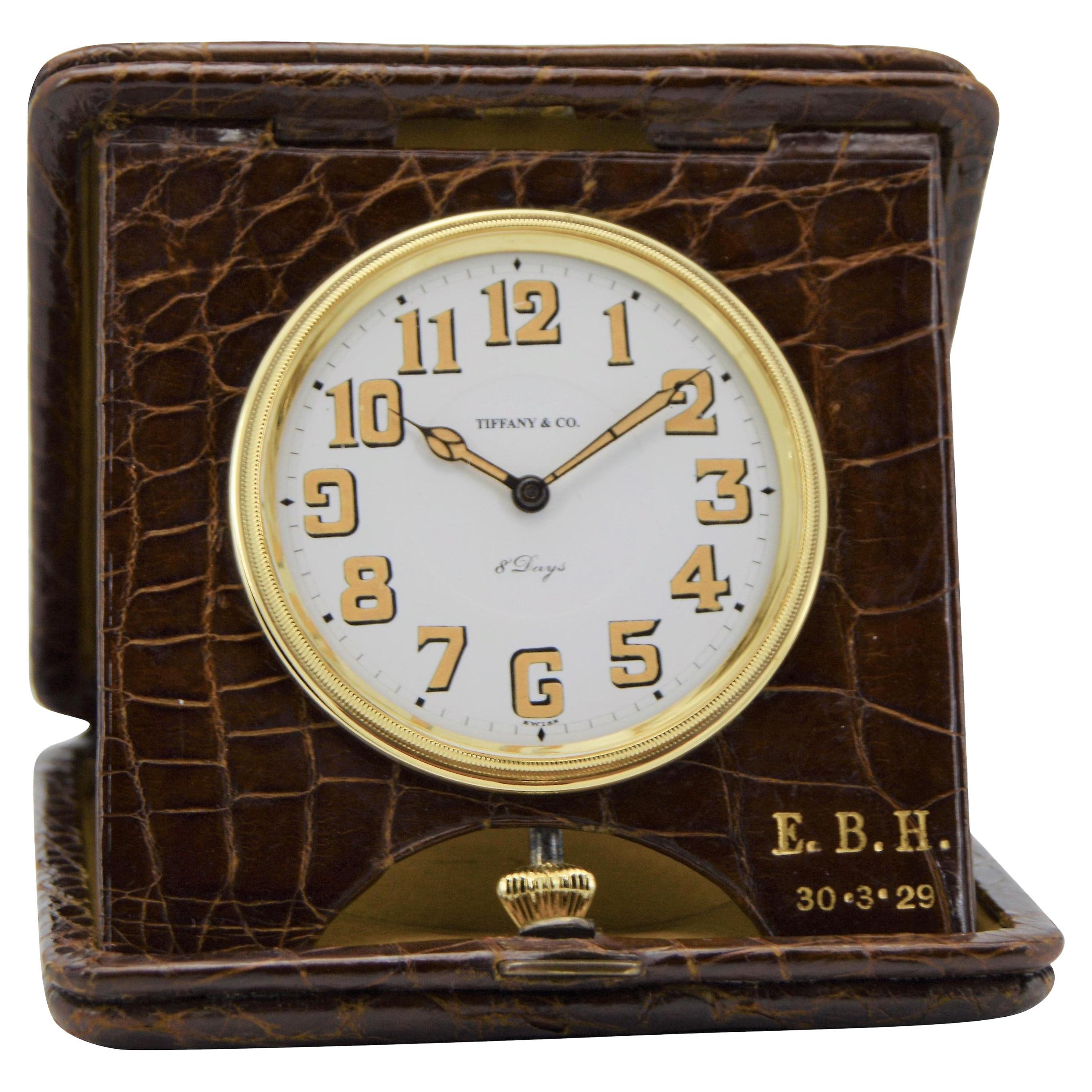 Tiffany & Co. Elegant Reptilian Folding Desk Clock with Fired Dial from 1929 For Sale