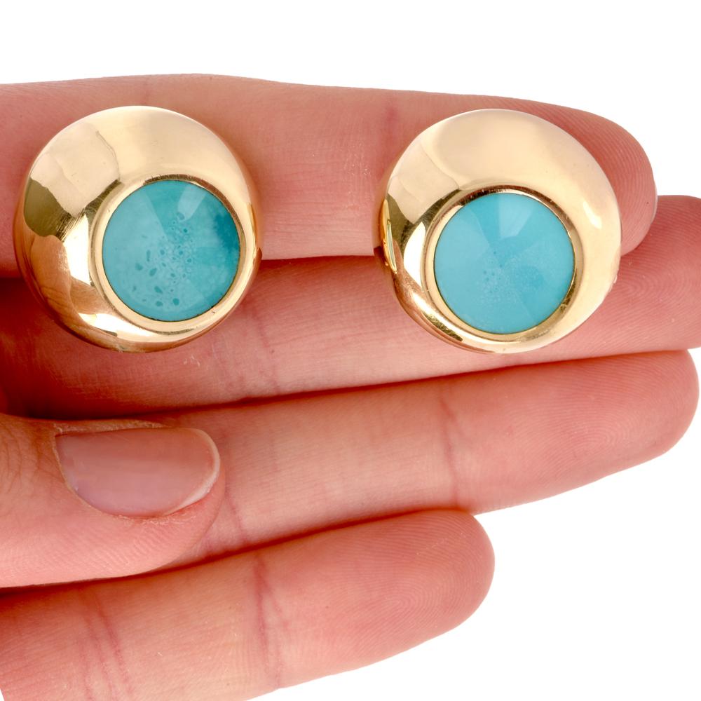 Tiffany & Co. Elsa Paretti Yellow Gold and Turquoise Enamel Clip-Back Earrings In Excellent Condition In Miami, FL