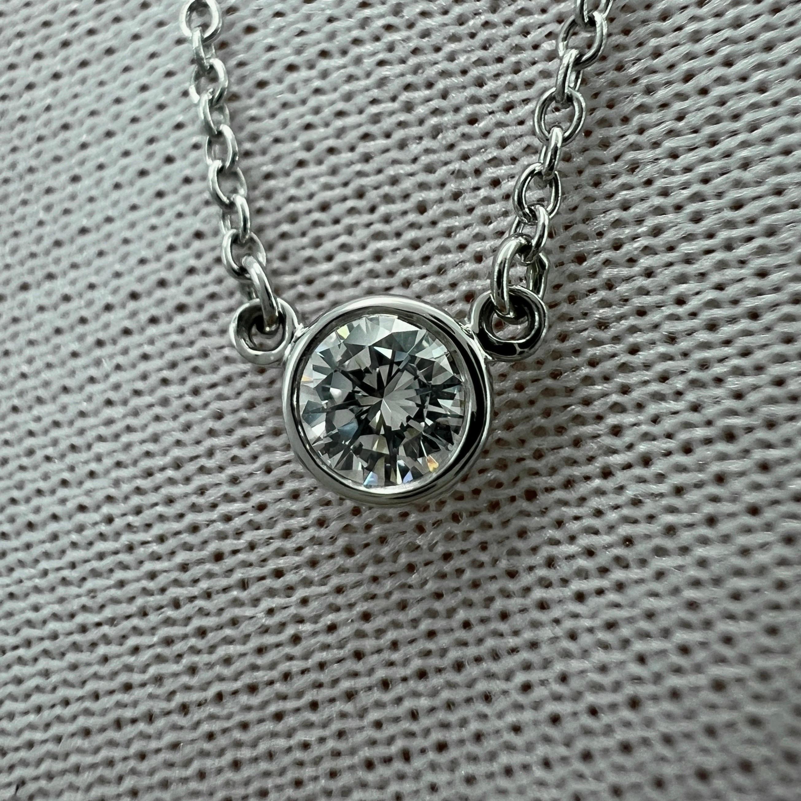 Vintage Tiffany & Co. Elsa Peretti By The Yard Round Diamond 950 Platinum Necklace.

A beautiful platinum pendant necklace set with a stunning round white diamond measuring approx.  3.5mm. Measures 3.7mm with bezel. Approx 0.17 carat.
A subtle and