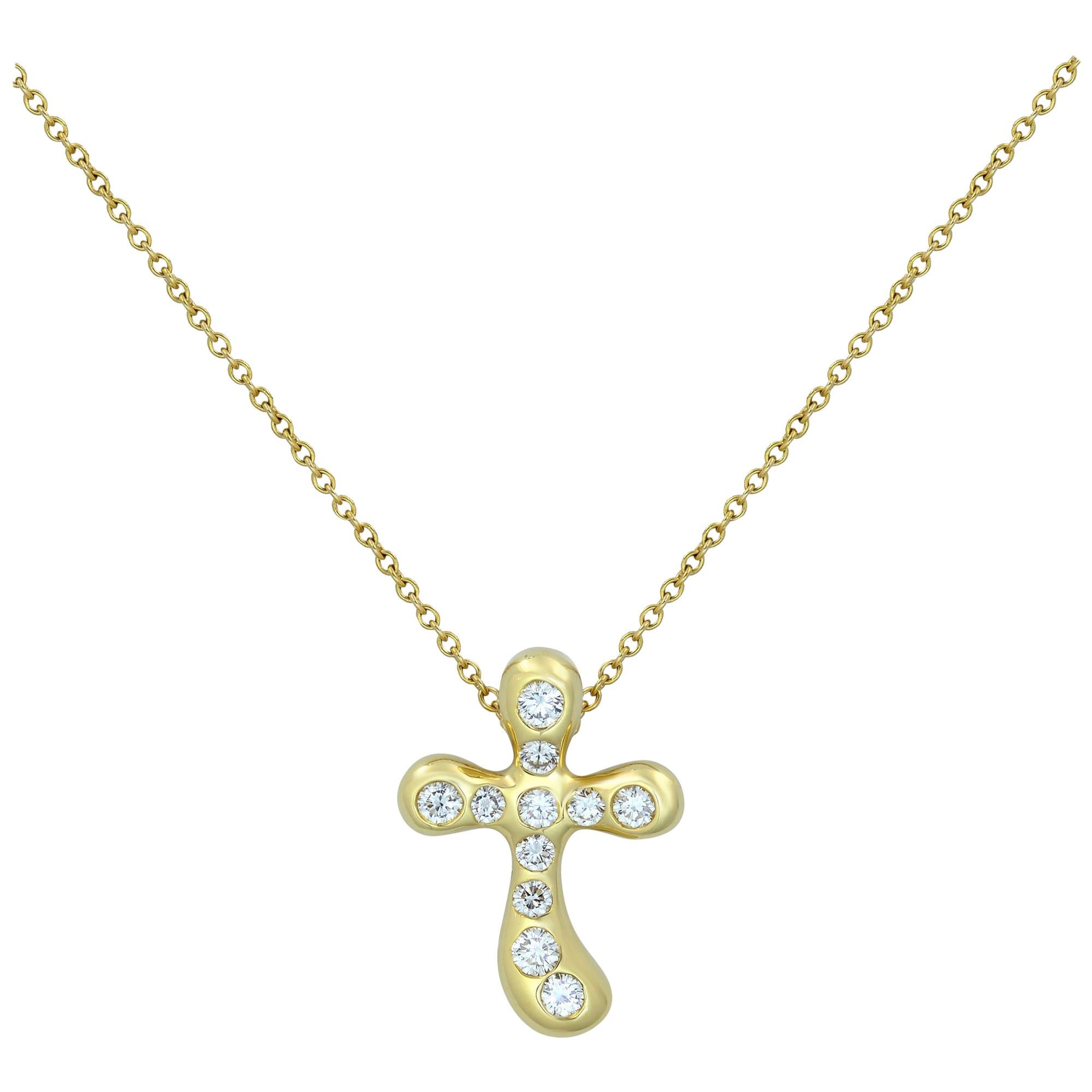 Tiffany & Co. Elsa Peretti 18 Karat Yellow Gold Diamond Cross Pendant 0.25 Carat