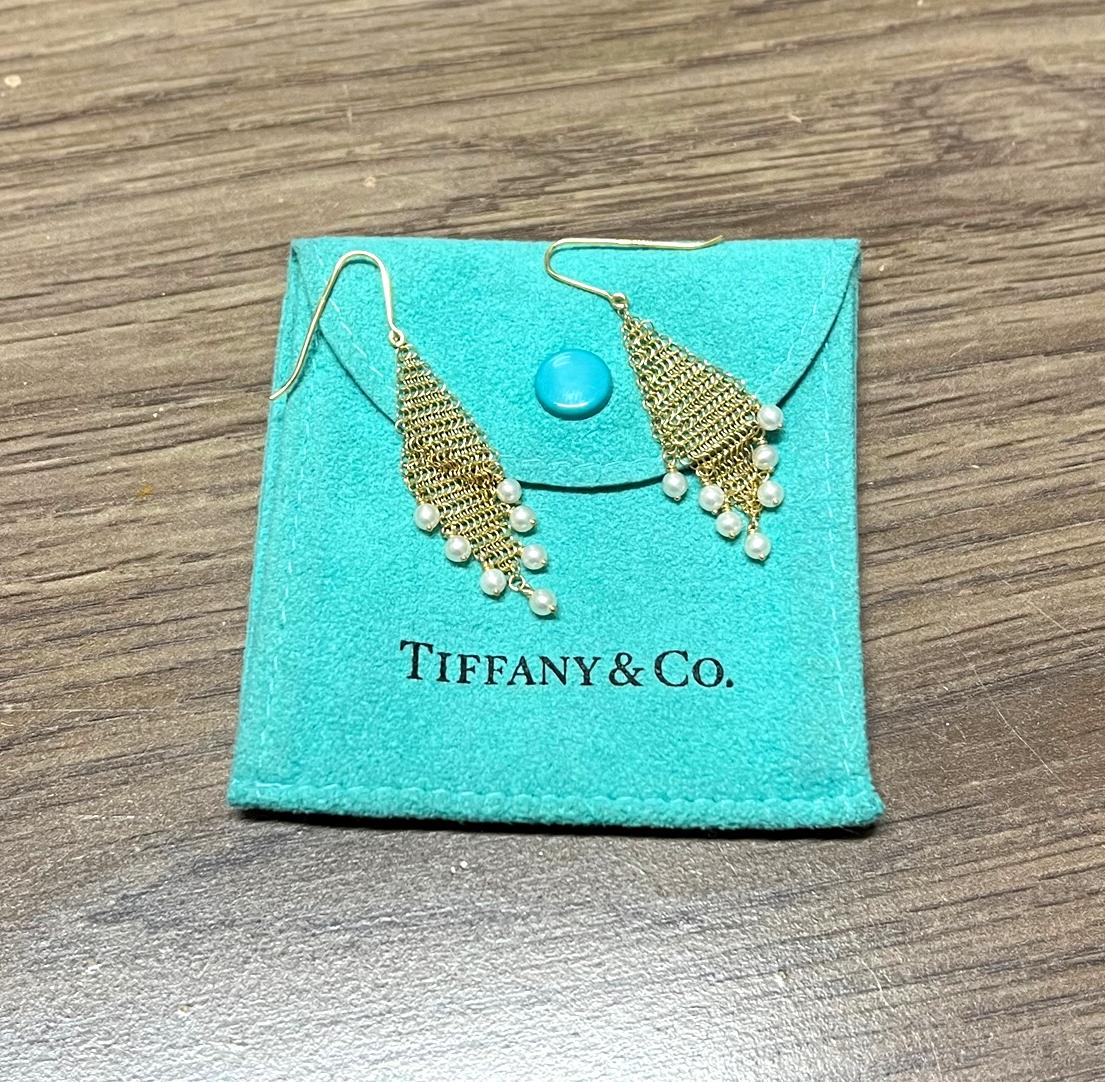 Modern Tiffany & Co. Elsa Peretti 18 Karat Yellow Gold Pearl Mesh Fringe Drop Earrings
