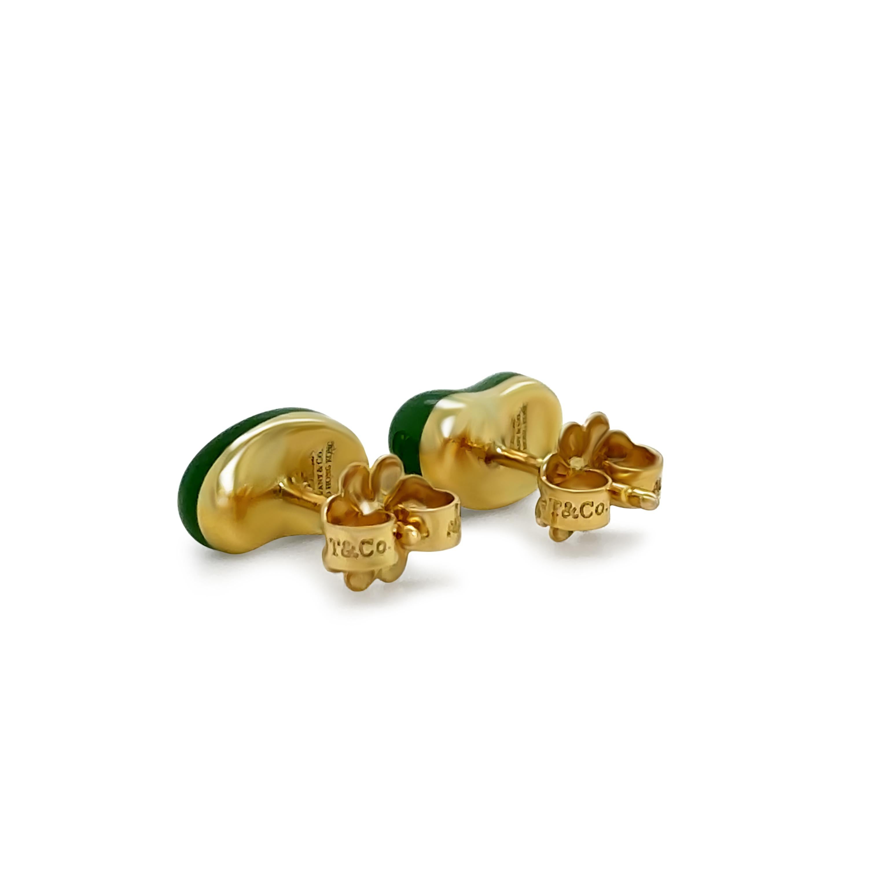 Tiffany & Co Elsa Peretti 18ct Yellow Gold Green Jade Bean Stud Earrings 2.14g In Excellent Condition In SYDNEY, NSW