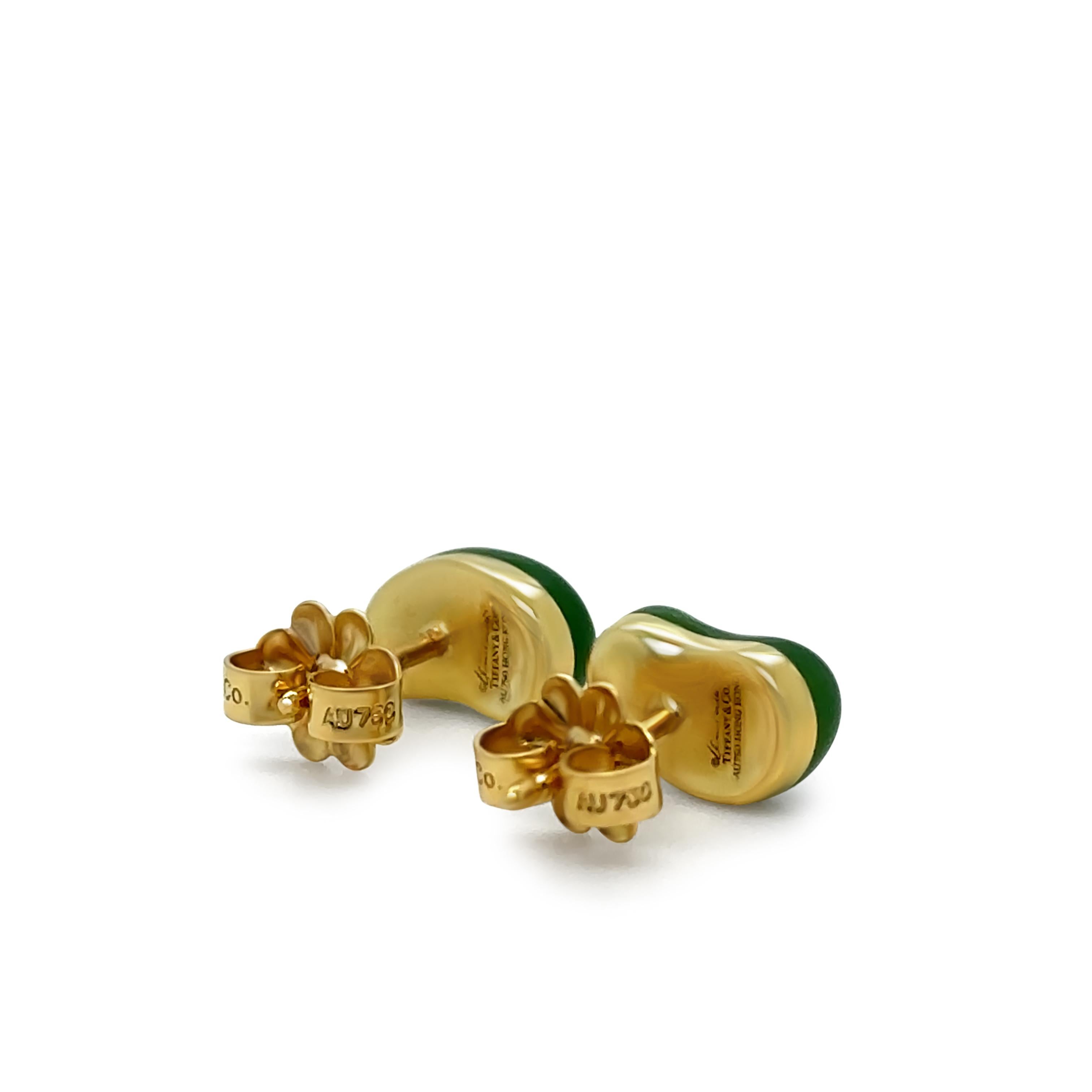 Women's Tiffany & Co Elsa Peretti 18ct Yellow Gold Green Jade Bean Stud Earrings 2.14g
