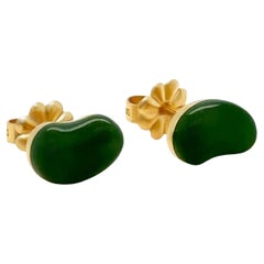Tiffany & Co Elsa Peretti 18ct Yellow Gold Green Jade Bean Stud Earrings 2.14g