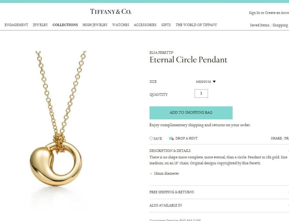 TIFFANY & Co. Elsa Peretti, collana con ciondolo a forma di cerchio eterno in oro 18 carati da 15 mm, medio in vendita 1
