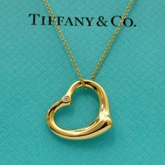 TIFFANY & Co. Elsa Peretti 18K Gold 2 Diamond 22mm Open Heart Pendant Necklace