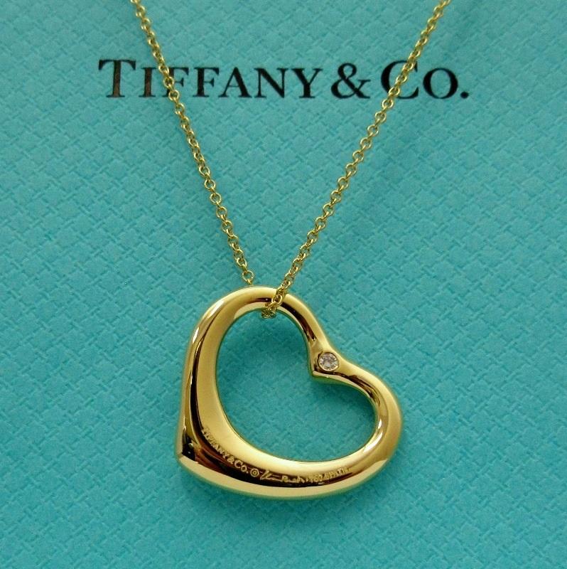 Round Cut TIFFANY & Co. Elsa Peretti 18K Gold 2 Diamond 22mm Open Heart Pendant Necklace For Sale