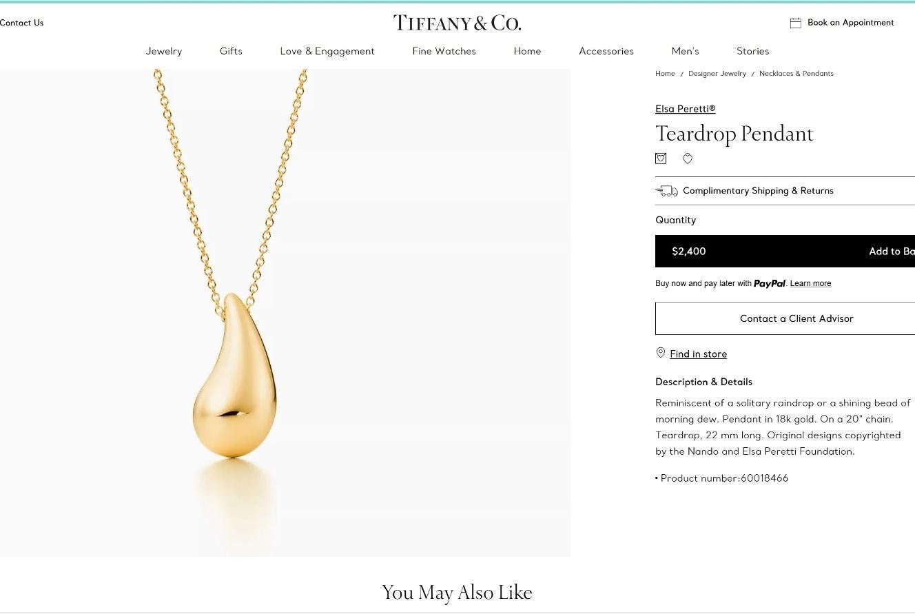 TIFFANY & Co. Elsa Peretti 18K Gold 22mm Long Teardrop Pendant Necklace 6
