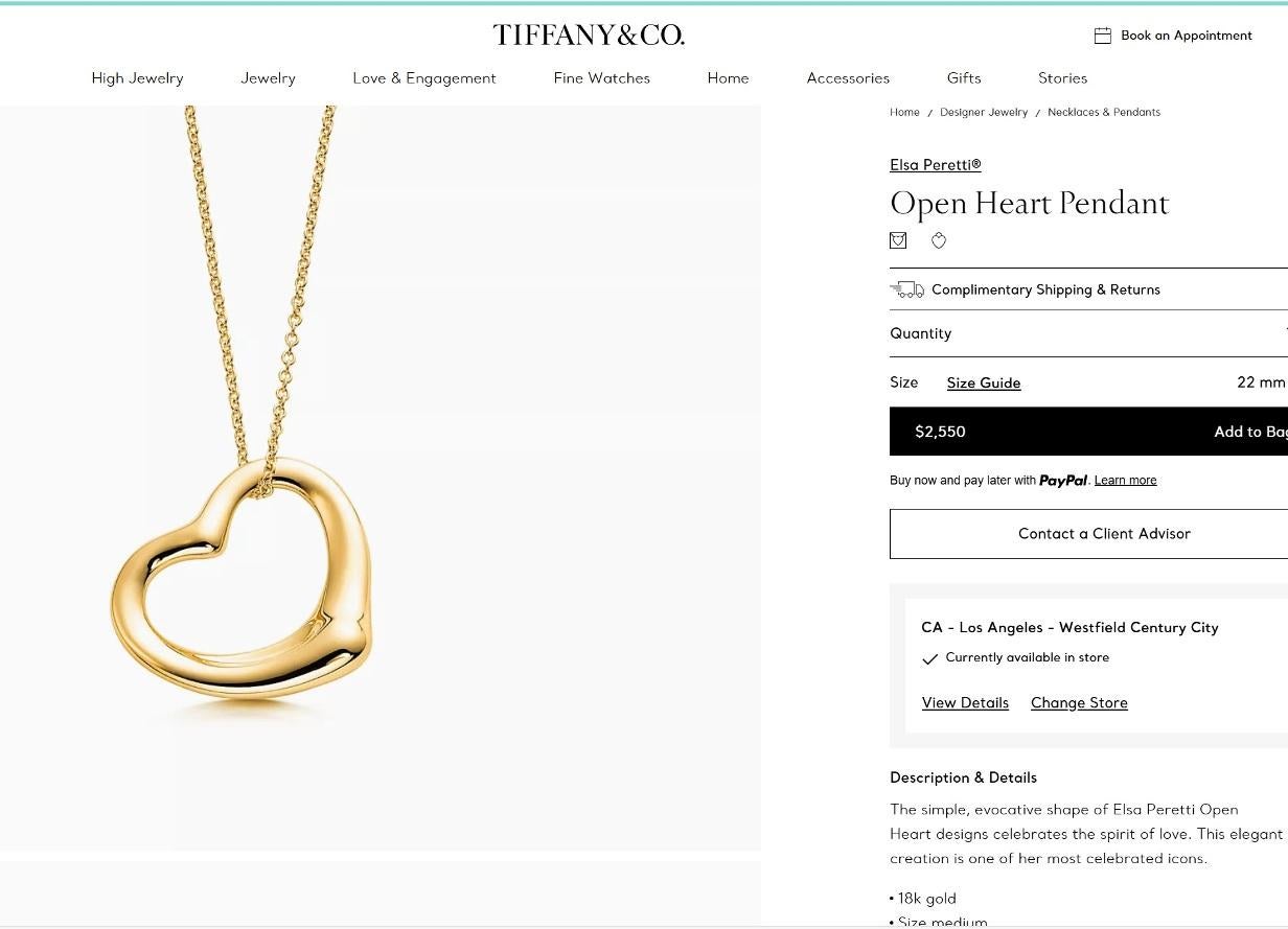 TIFFANY & Co. Elsa Peretti 18K Gold 22mm Open Heart Pendant Necklace New 1