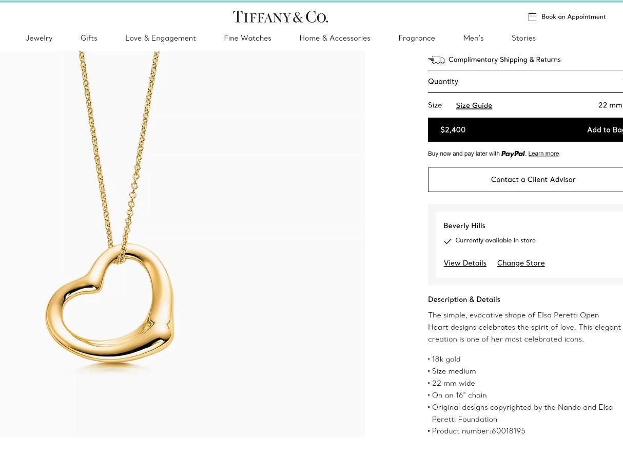 TIFFANY & Co. Elsa Peretti, collier pendentif cœur ouvert 22 mm en or 18 carats, neuf en vente 2