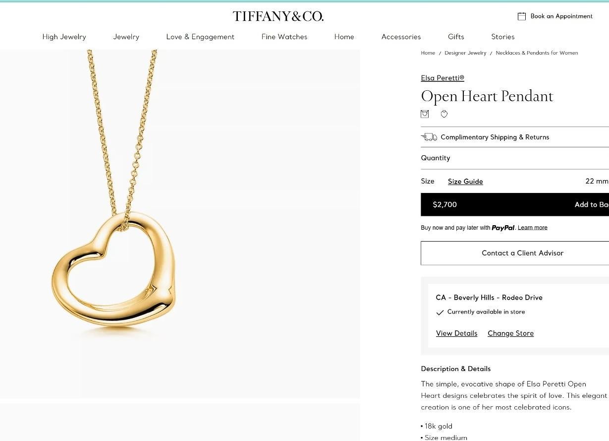 TIFFANY & Co. Elsa Peretti 18K Gold 22mm Open Heart Pendant Necklace New In New Condition For Sale In Los Angeles, CA