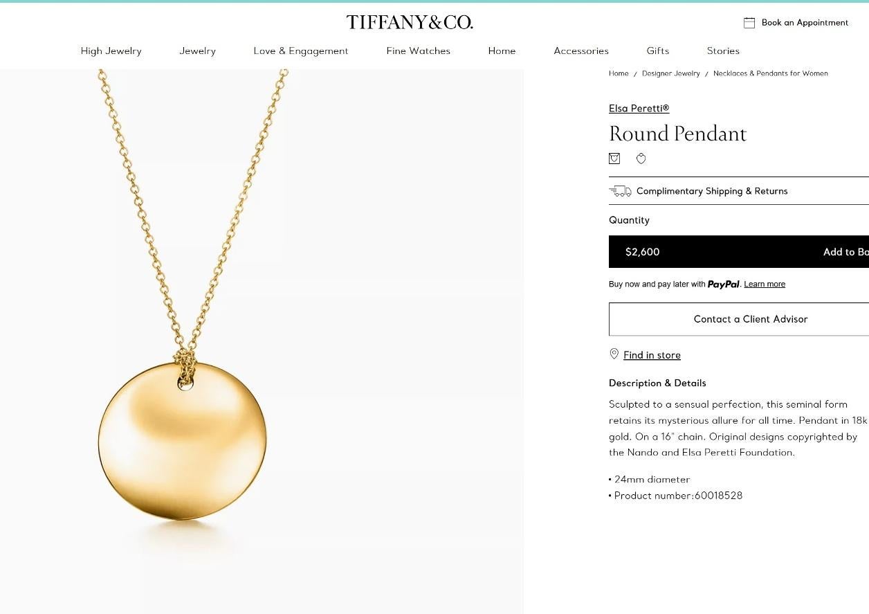 TIFFANY & Co. Elsa Peretti 18K Gold 24mm Round Pendant Necklace For Sale 1