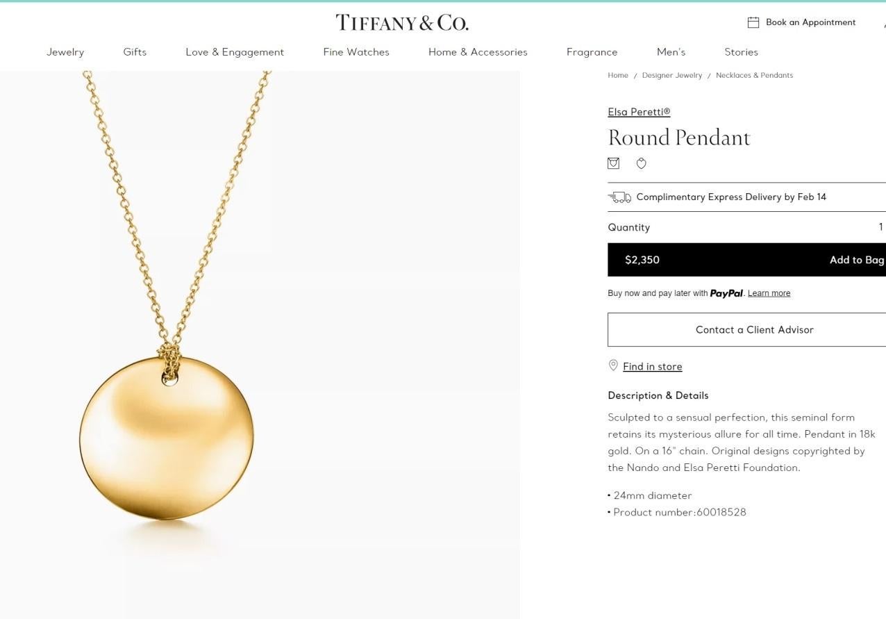 TIFFANY & Co. Elsa Peretti, collier pendentif rond 24 mm en or 18 carats Pour femmes en vente