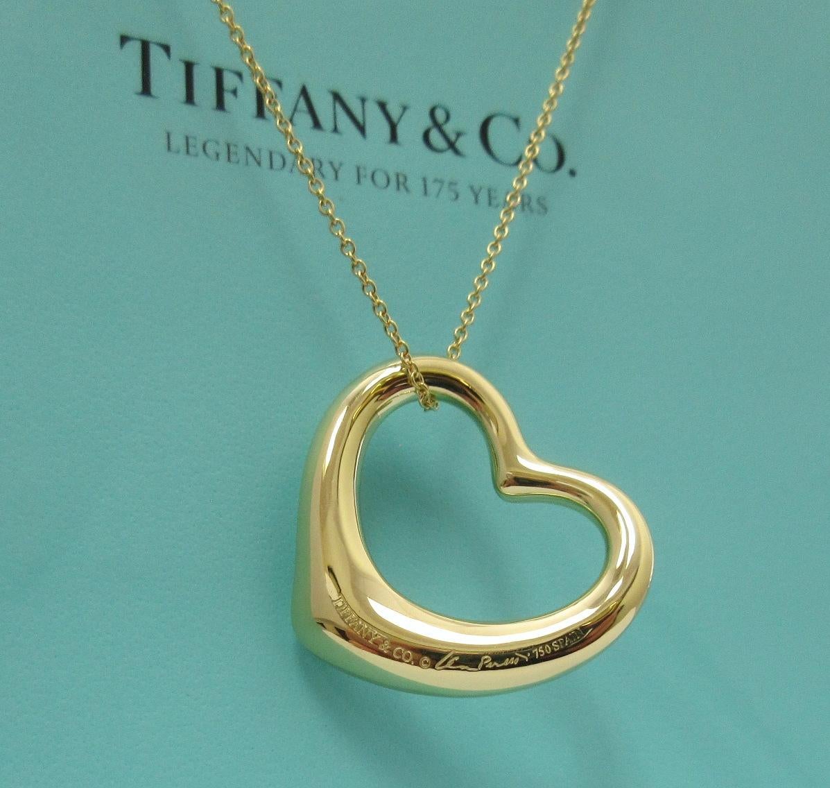 Women's TIFFANY & Co. Elsa Peretti 18K Gold 27mm Open Heart Pendant Necklace 16