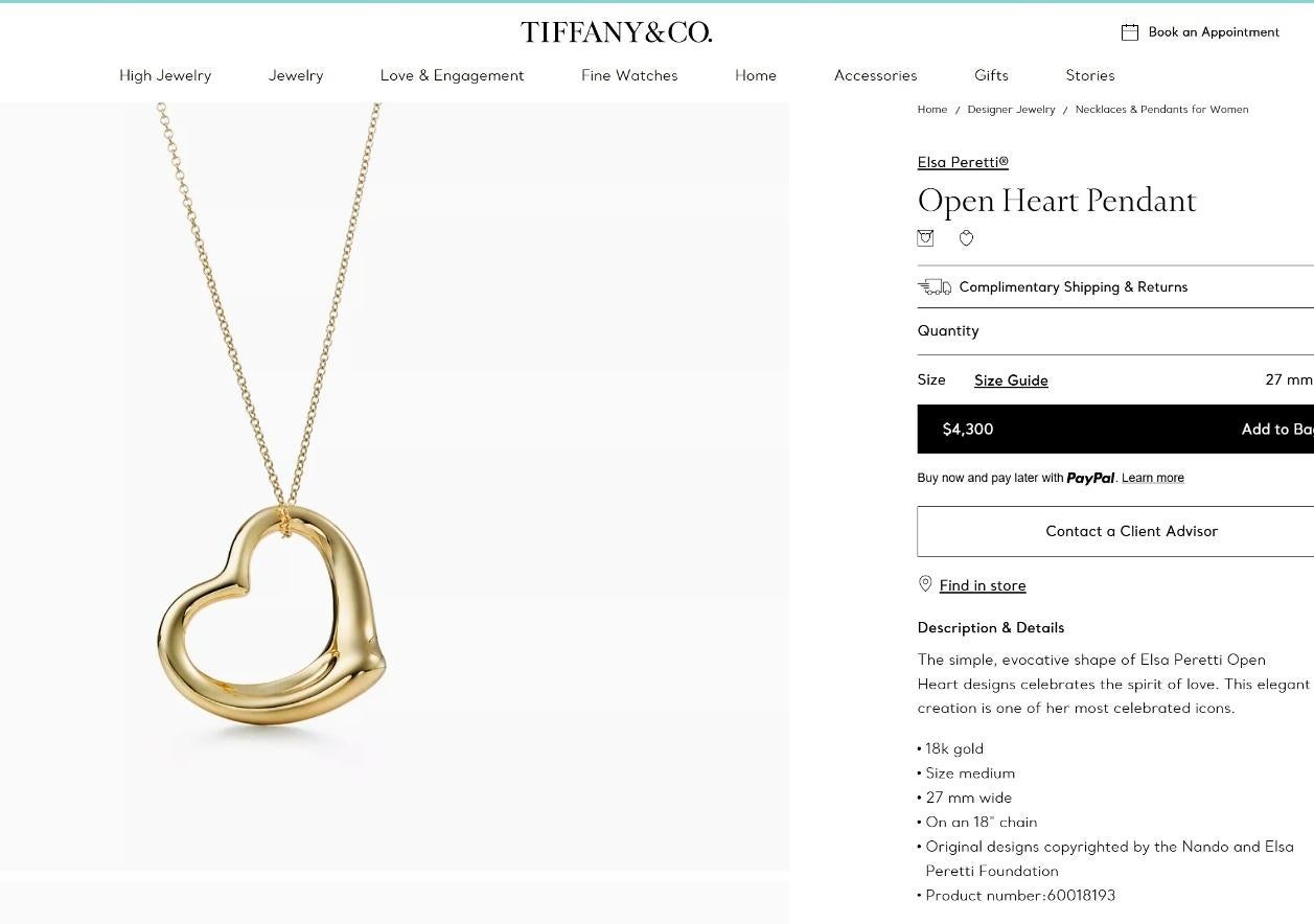 TIFFANY & Co. Elsa Peretti 18K Gold 27mm Open Heart Pendant Necklace 18