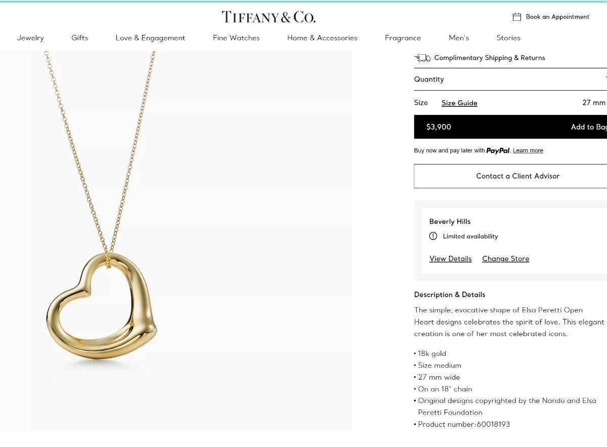 TIFFANY & Co. Elsa Peretti 18K Gold 27mm Open Heart Pendant Necklace In New Condition For Sale In Los Angeles, CA