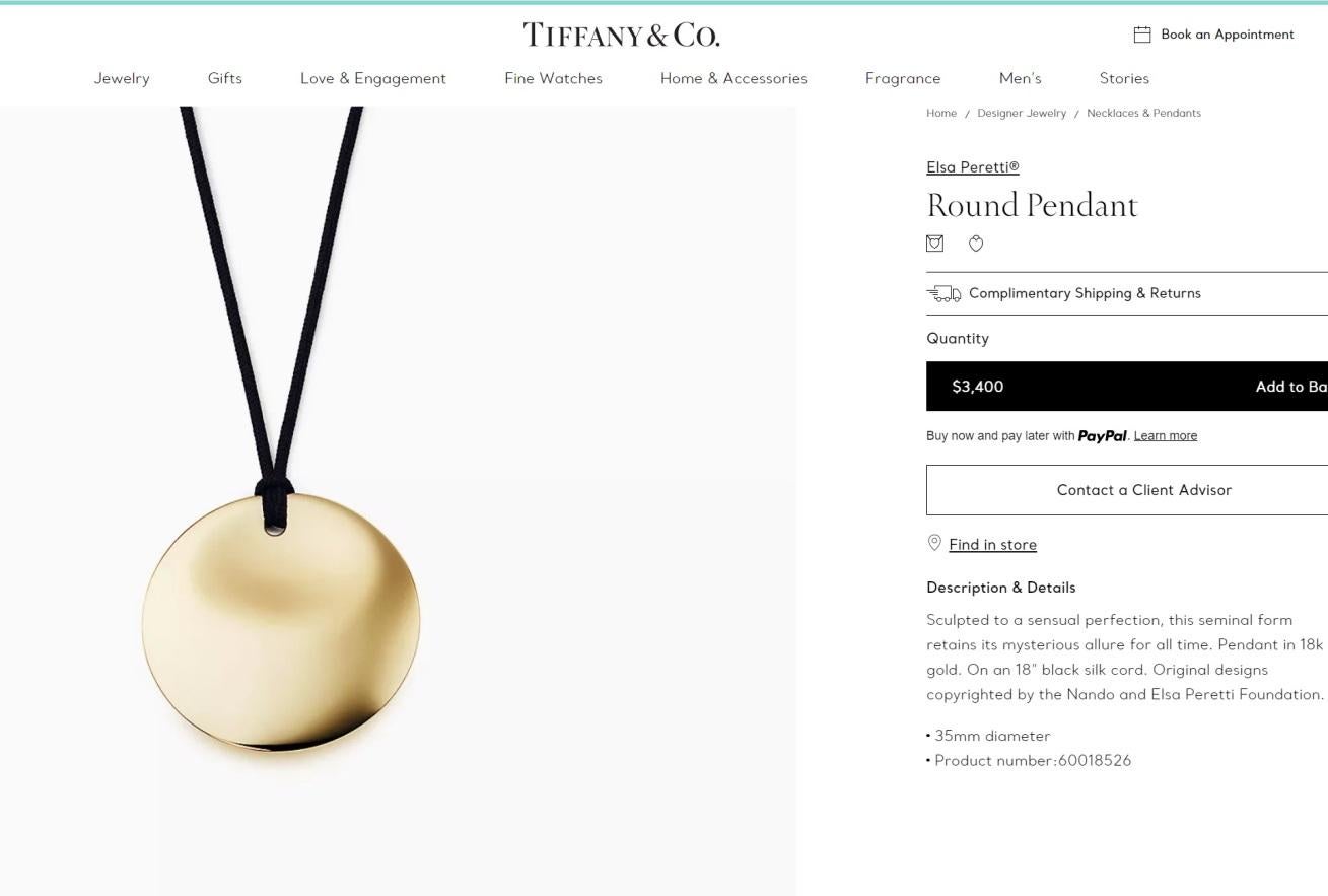 TIFFANY & Co. Elsa Peretti 18K Gold 35mm Round Pendant Necklace For Sale 3