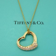 TIFFANY & Co. Elsa Peretti 18K Gold .36ct Diamond Open Heart Pendant Necklace