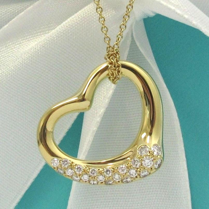 Round Cut TIFFANY & Co. Elsa Peretti 18K Gold .38ct Diamond Open Heart Pendant Necklace For Sale