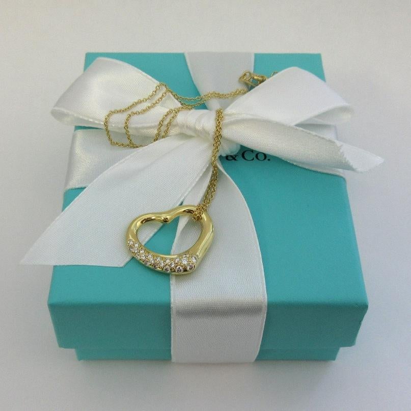 Women's TIFFANY & Co. Elsa Peretti 18K Gold .38ct Diamond Open Heart Pendant Necklace For Sale