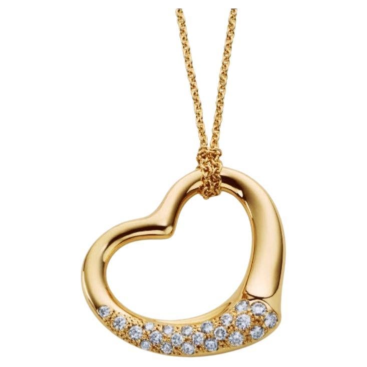 TIFFANY & Co. Elsa Peretti 18K Gold .38ct Diamond Open Heart Pendant Necklace For Sale