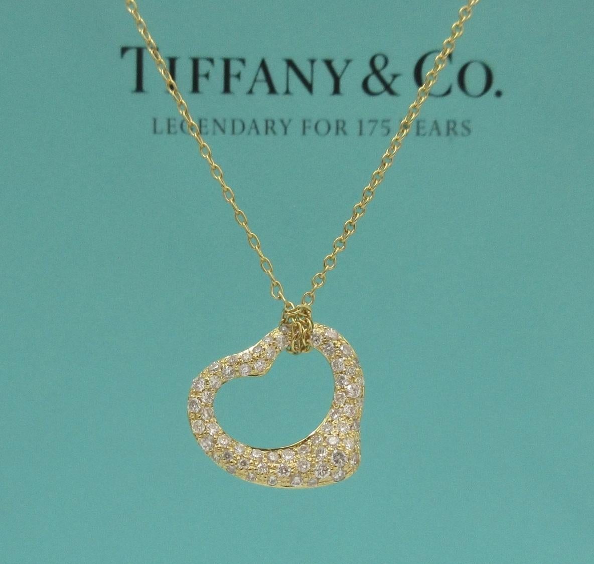 Round Cut TIFFANY & Co. Elsa Peretti 18K Gold .40ct Diamond Open Heart Pendant Necklace For Sale