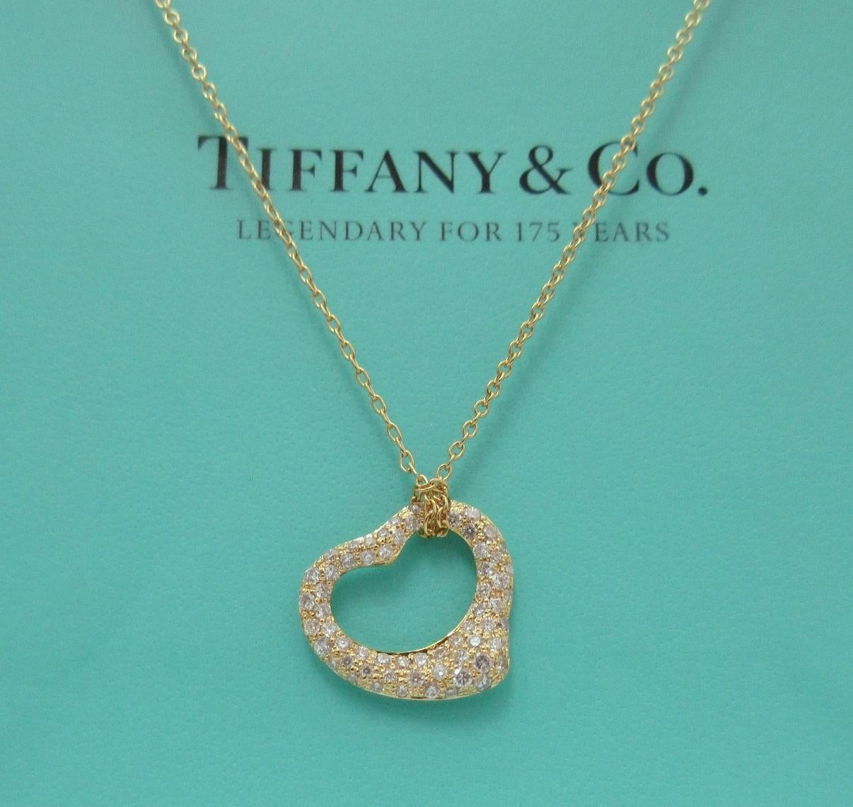 TIFFANY & Co. Elsa Peretti 18K Gold .40ct Diamond Open Heart Pendant Necklace In Excellent Condition For Sale In Los Angeles, CA