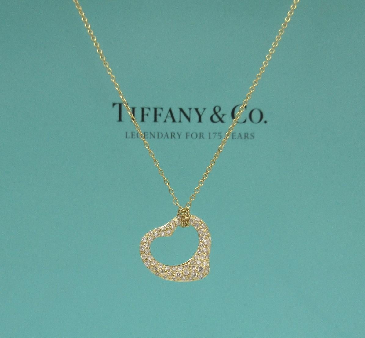 Women's TIFFANY & Co. Elsa Peretti 18K Gold .40ct Diamond Open Heart Pendant Necklace For Sale
