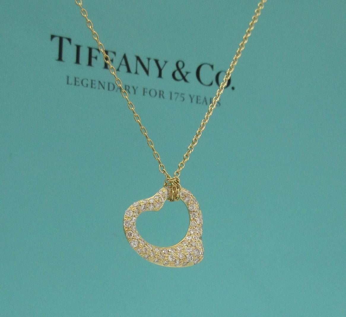 TIFFANY & Co. Elsa Peretti 18K Gold .40ct Diamond Open Heart Pendant Necklace For Sale 1
