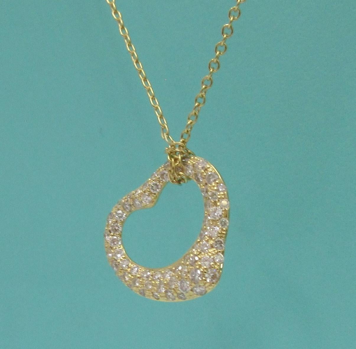 TIFFANY & Co. Elsa Peretti 18K Gold .40ct Diamond Open Heart Pendant Necklace For Sale 2