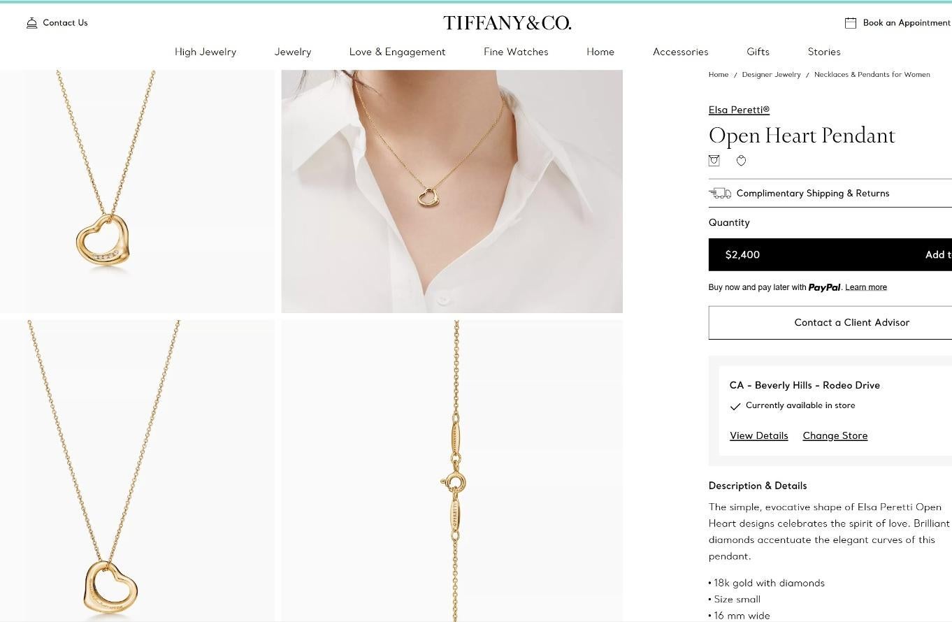 TIFFANY & Co. Collana con ciondolo a cuore aperto Elsa Peretti in oro 18 carati con 5 diamanti da 16 mm in vendita 4