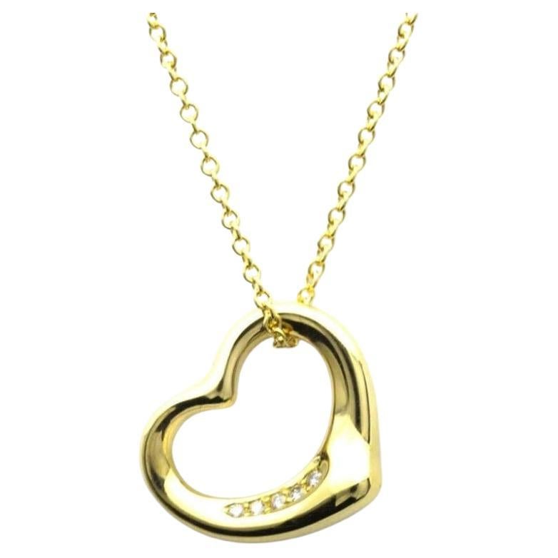 TIFFANY & Co. Elsa Peretti 18K Gold 5 Diamond 16mm Open Heart Pendant Necklace 