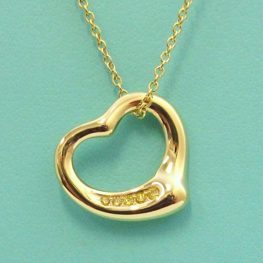 Round Cut TIFFANY & Co. Elsa Peretti 18K Gold 5 Yellow Diamond Open Heart Pendant Necklace For Sale