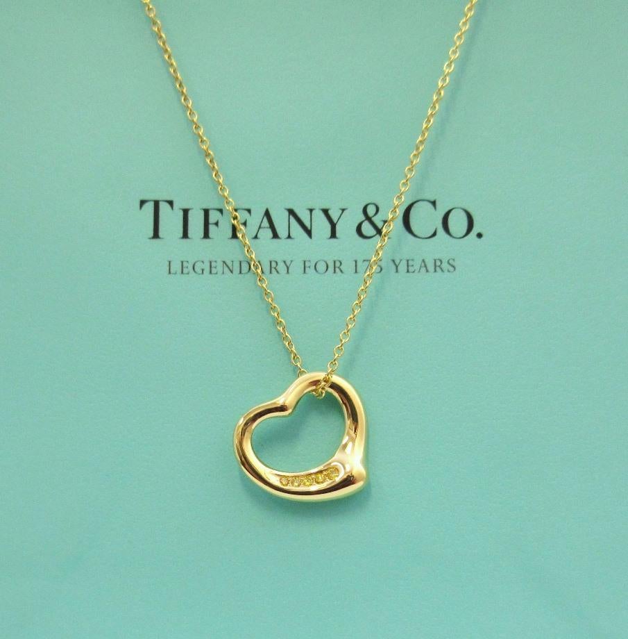 TIFFANY & Co. Elsa Peretti 18K Gold 5 Yellow Diamond Open Heart Pendant Necklace In Excellent Condition For Sale In Los Angeles, CA