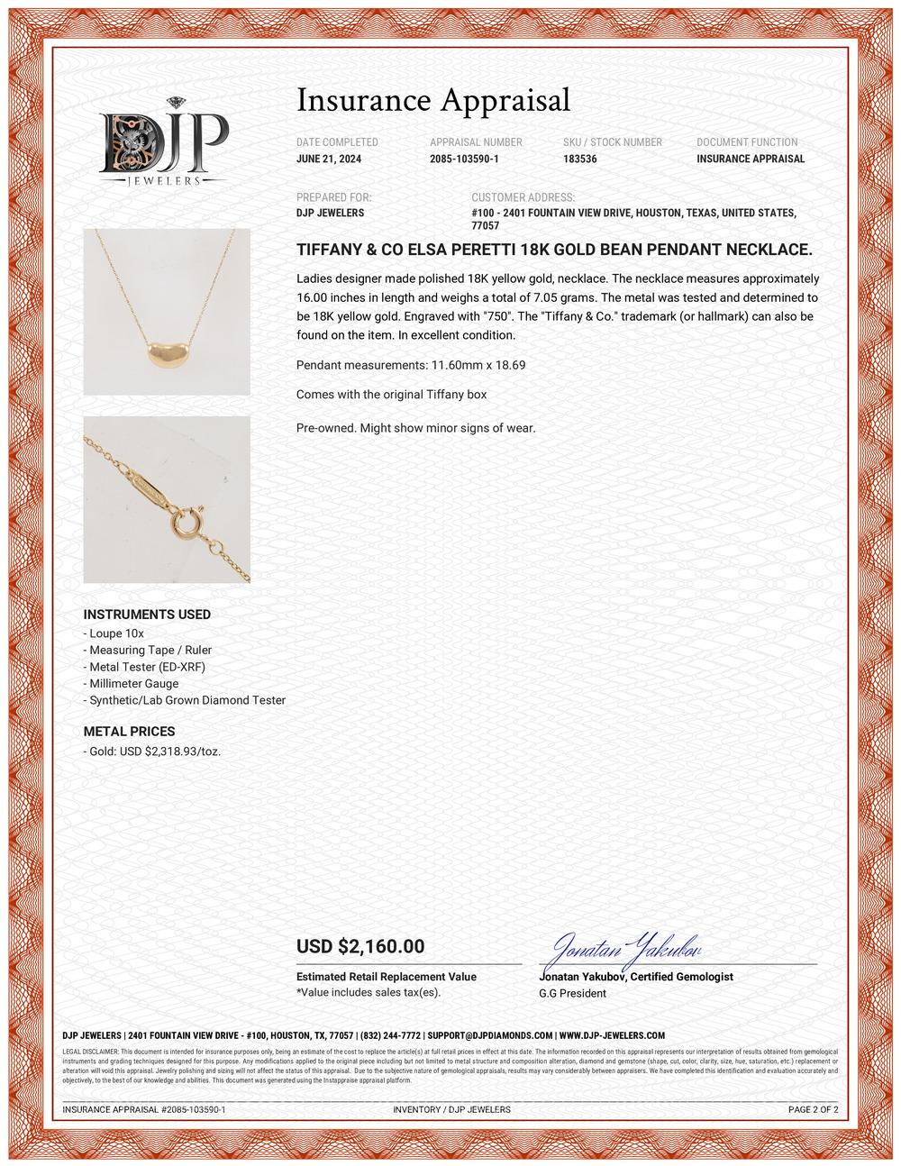 Tiffany & Co Elsa Peretti Halskette mit Bean-Anhänger, 18 Karat Gold 4