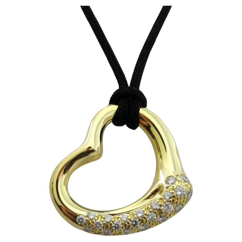 TIFFANY & Co. Elsa Peretti 18K Gold Diamond 22mm Open Heart Pendant Necklace For Sale