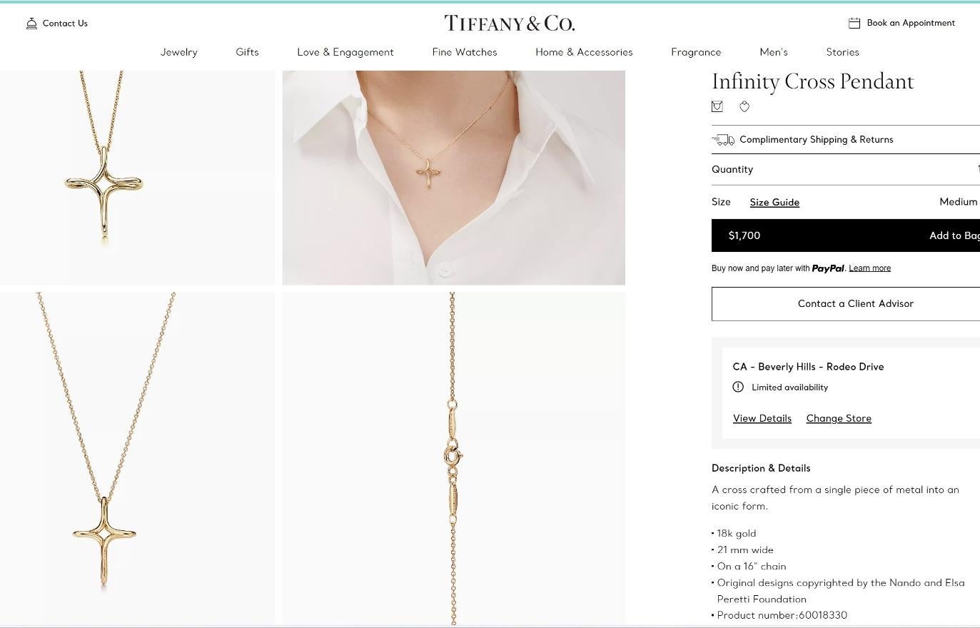 TIFFANY & Co. Elsa Peretti 18K Gold Infinity Cross Pendant Necklace Medium For Sale 2