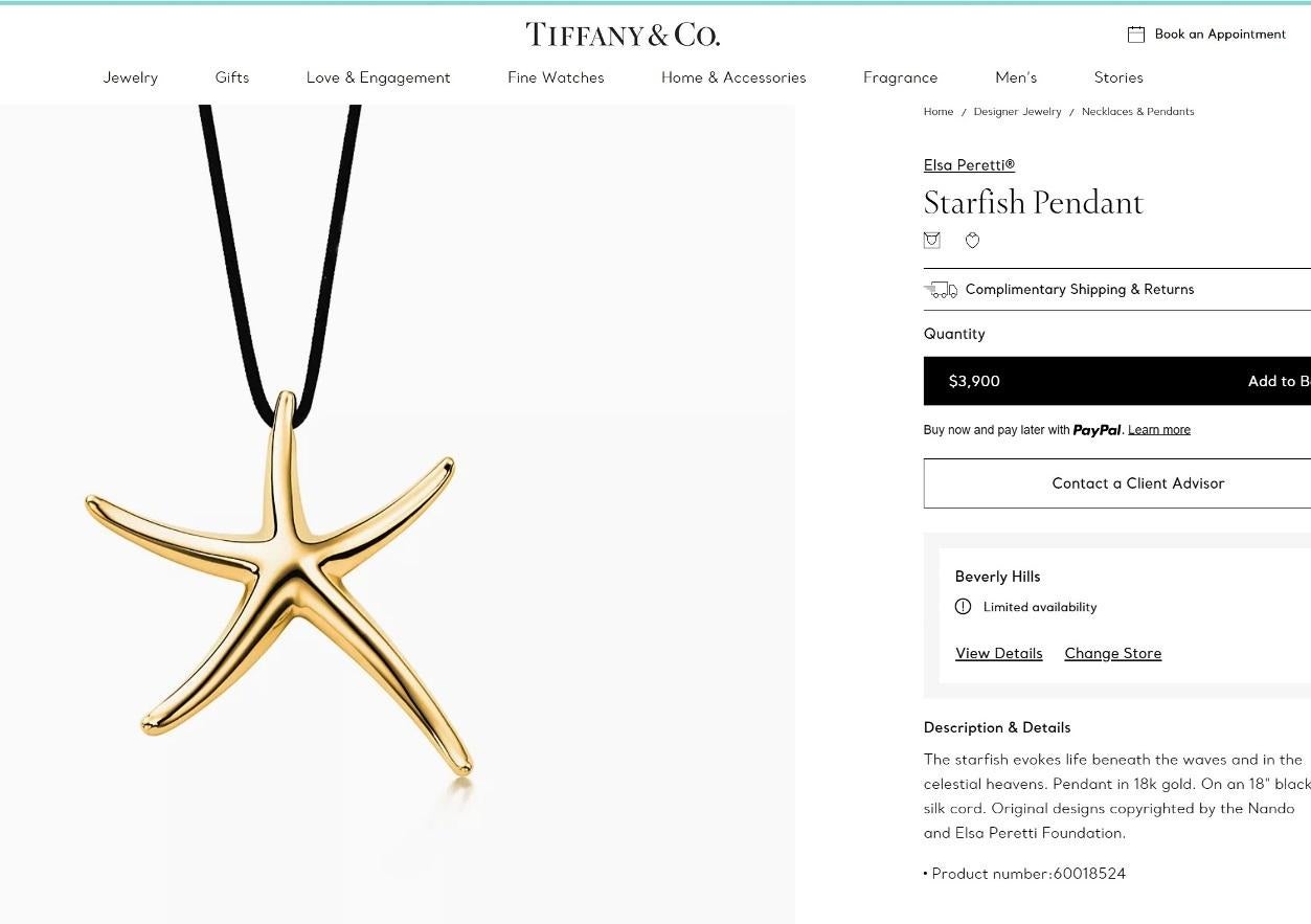 Women's TIFFANY & Co. Elsa Peretti 18K Gold Starfish Pendant Necklace LARGE For Sale