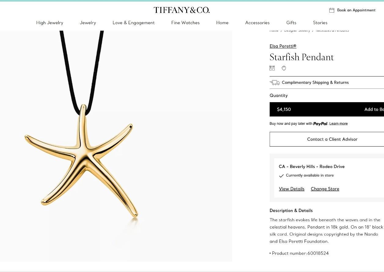 TIFFANY & Co. Elsa Peretti 18K Gold Starfish Pendant Necklace LARGE In New Condition In Los Angeles, CA