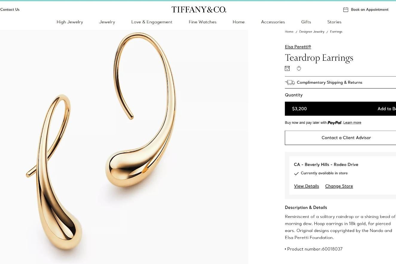 TIFFANY & Co. Elsa Peretti 18K Gold Teardrop Hoop Earrings For Sale 2