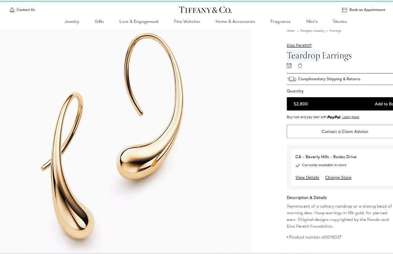 TIFFANY & Co. Elsa Peretti 18K Gold Teardrop Hoop Earrings 7