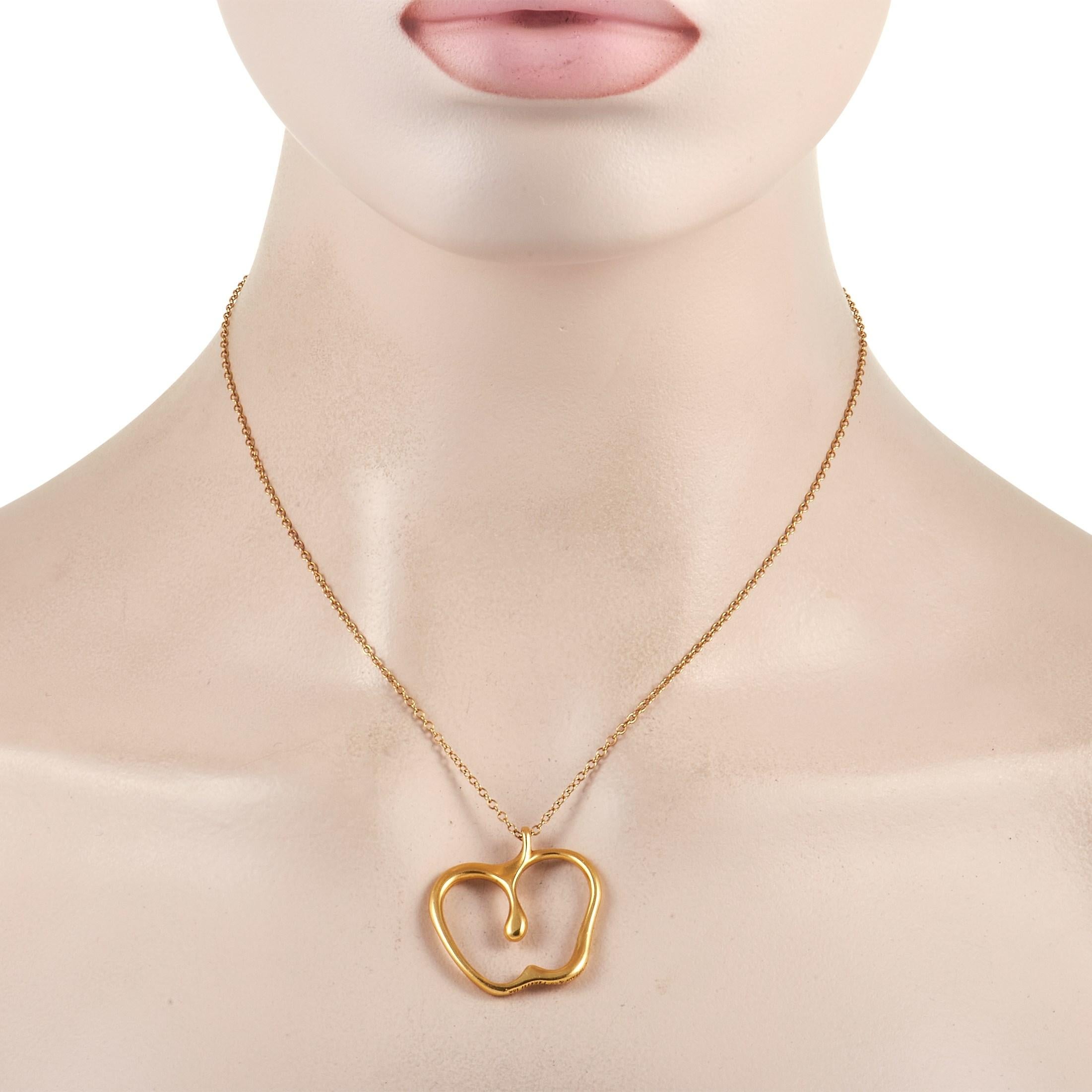 Not a fan of the usual heart pendant? Give the apple a try. Held by a 30-inch long 18K yellow gold cable chain is an apple cut-out pendant measuring 1.25-inch by 1.15-inch. The sophisticated simplicity and whimsical charm of this fine jewelry will
