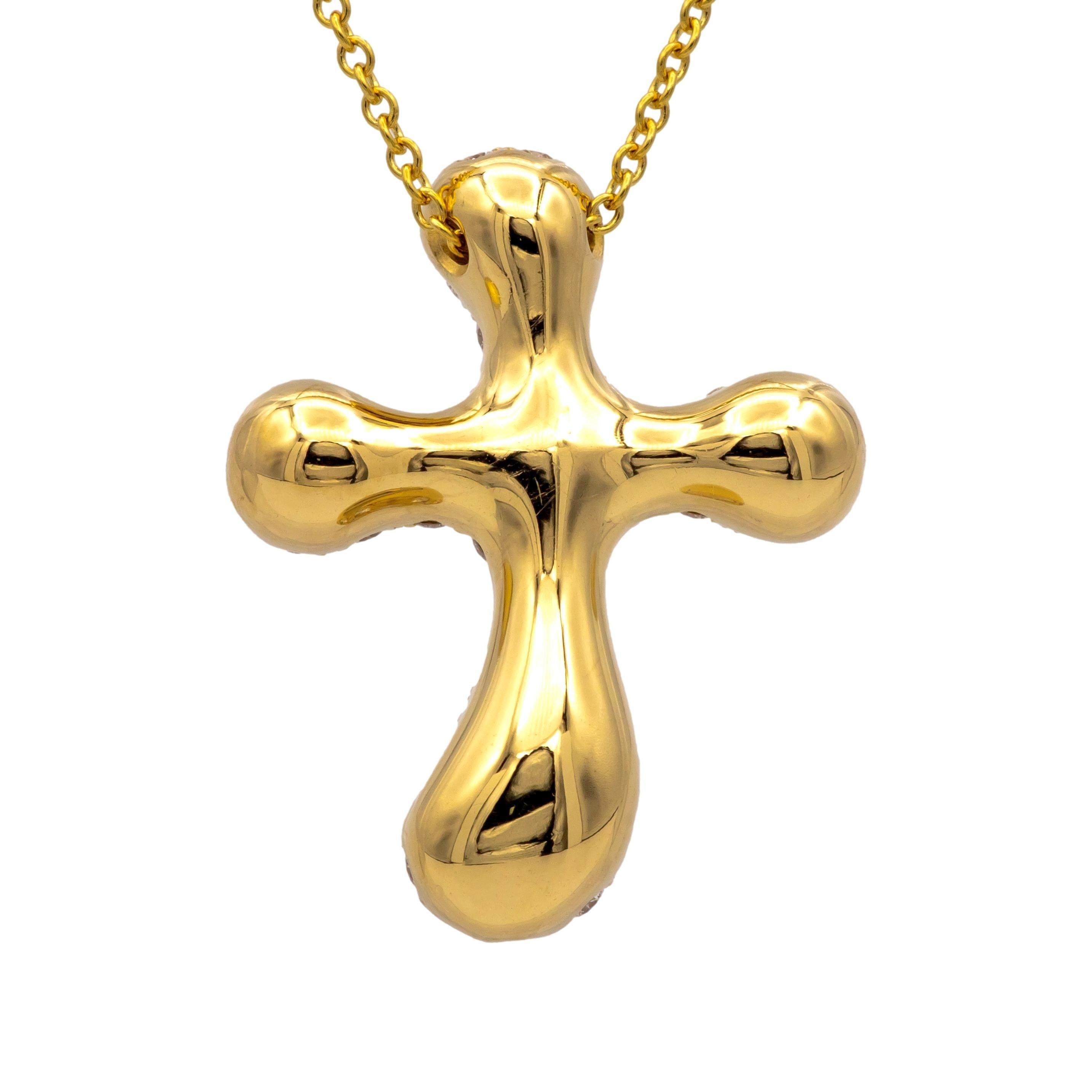 Contemporary Tiffany & Co. Elsa Peretti 18K Yellow Gold Diamond Pave Cross Pendant Necklace For Sale