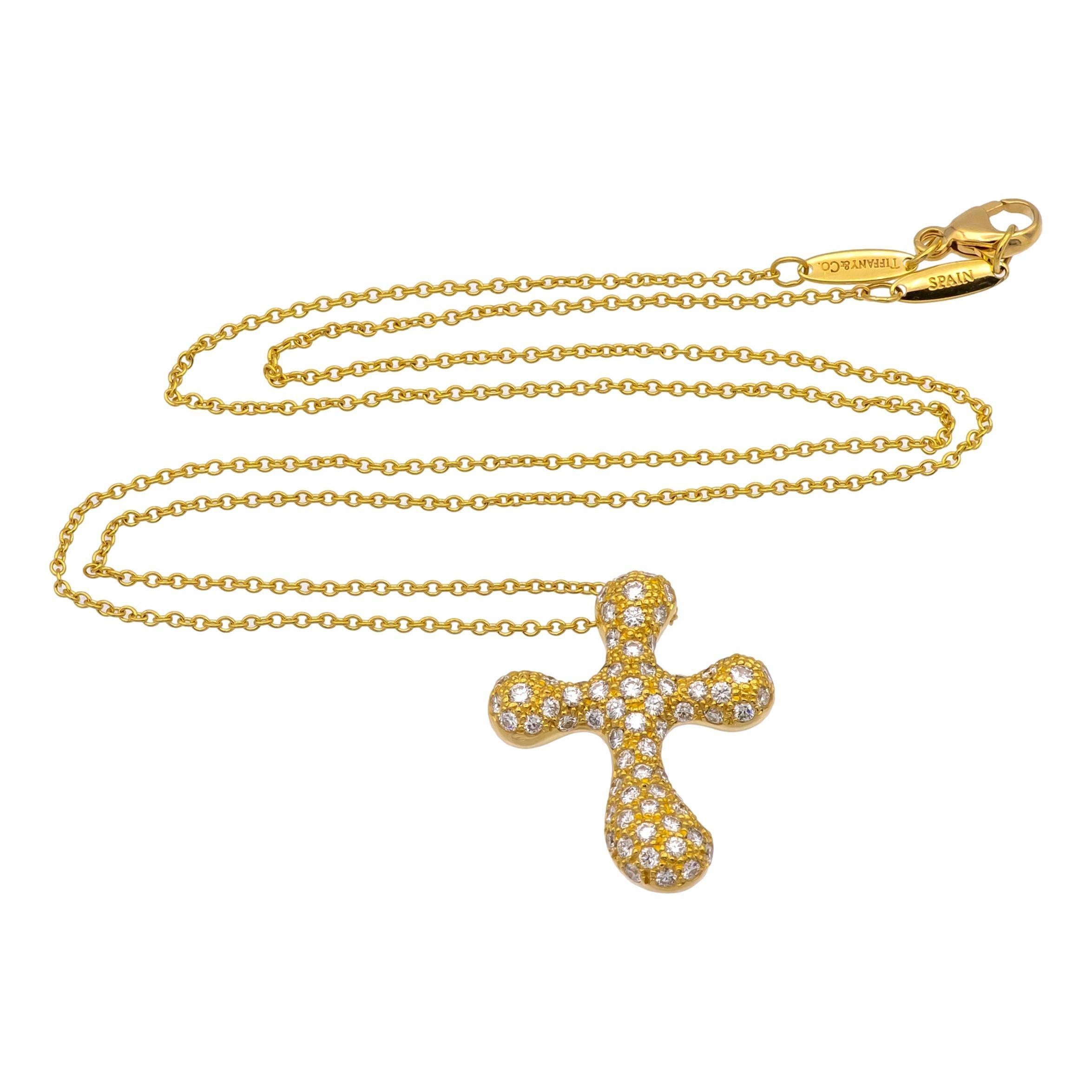 Round Cut Tiffany & Co. Elsa Peretti 18K Yellow Gold Diamond Pave Cross Pendant Necklace For Sale