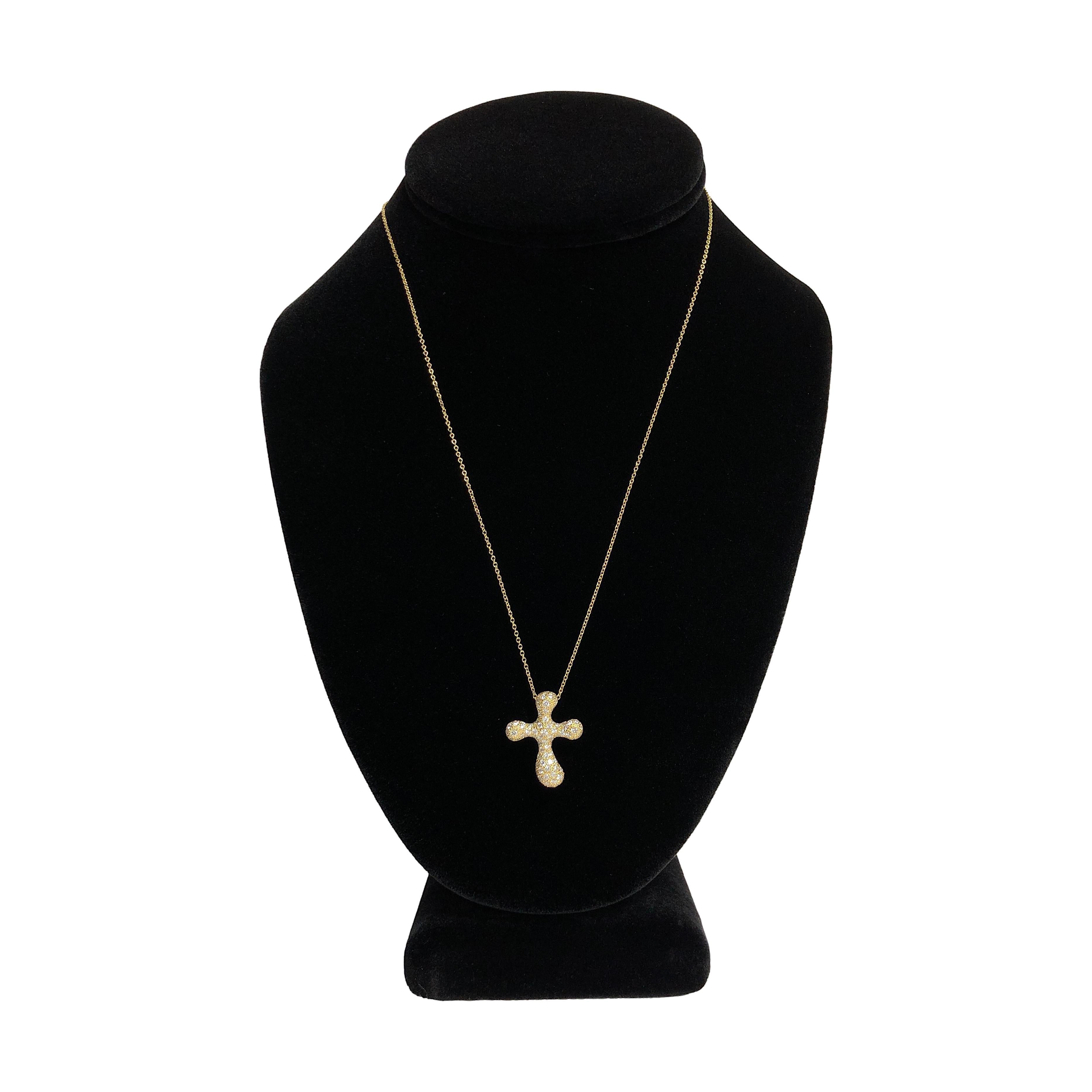 Tiffany & Co. Elsa Peretti 18K Yellow Gold Diamond Pave Cross Pendant Necklace In Excellent Condition For Sale In New York, NY
