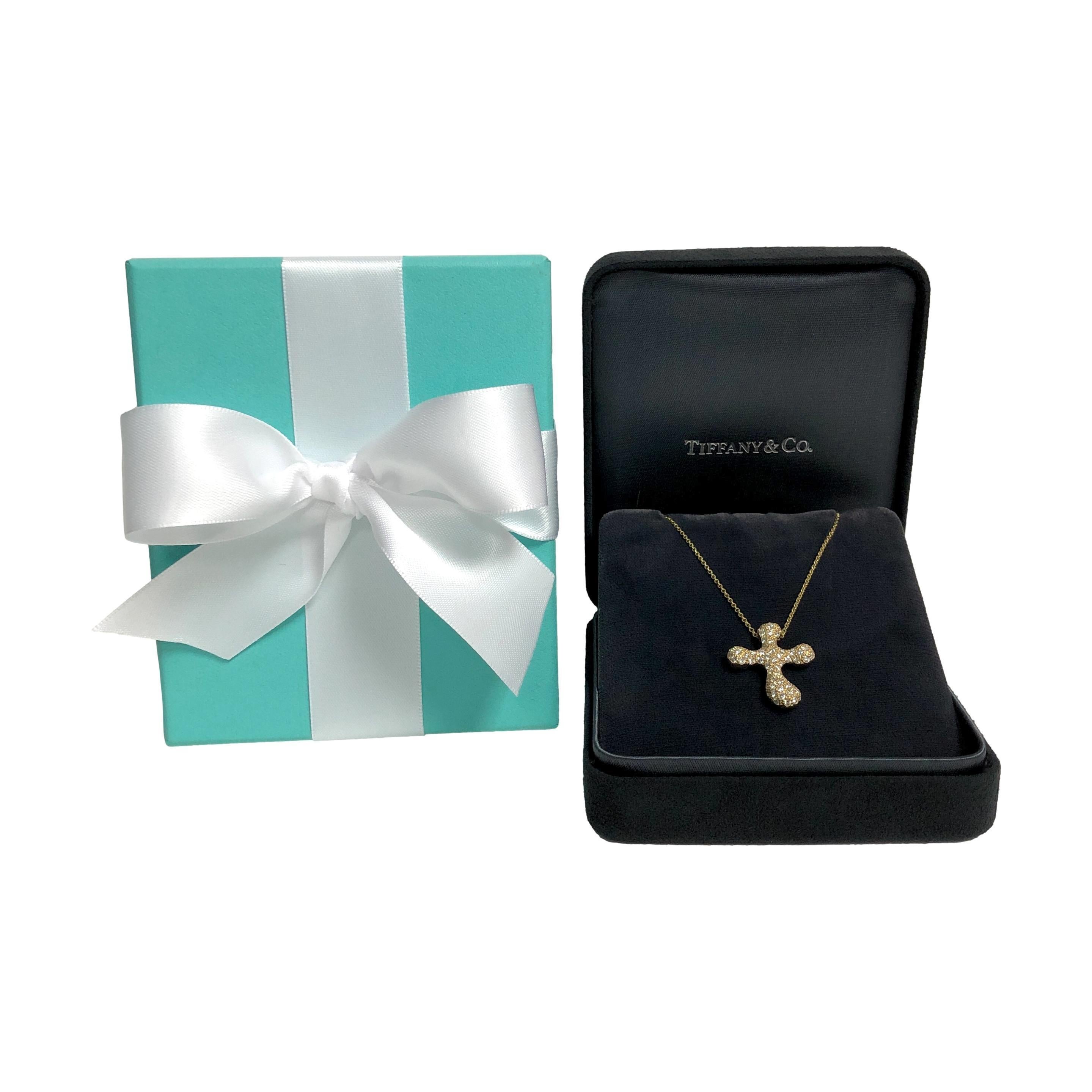 Tiffany & Co. Elsa Peretti 18K Yellow Gold Diamond Pave Cross Pendant Necklace For Sale 2