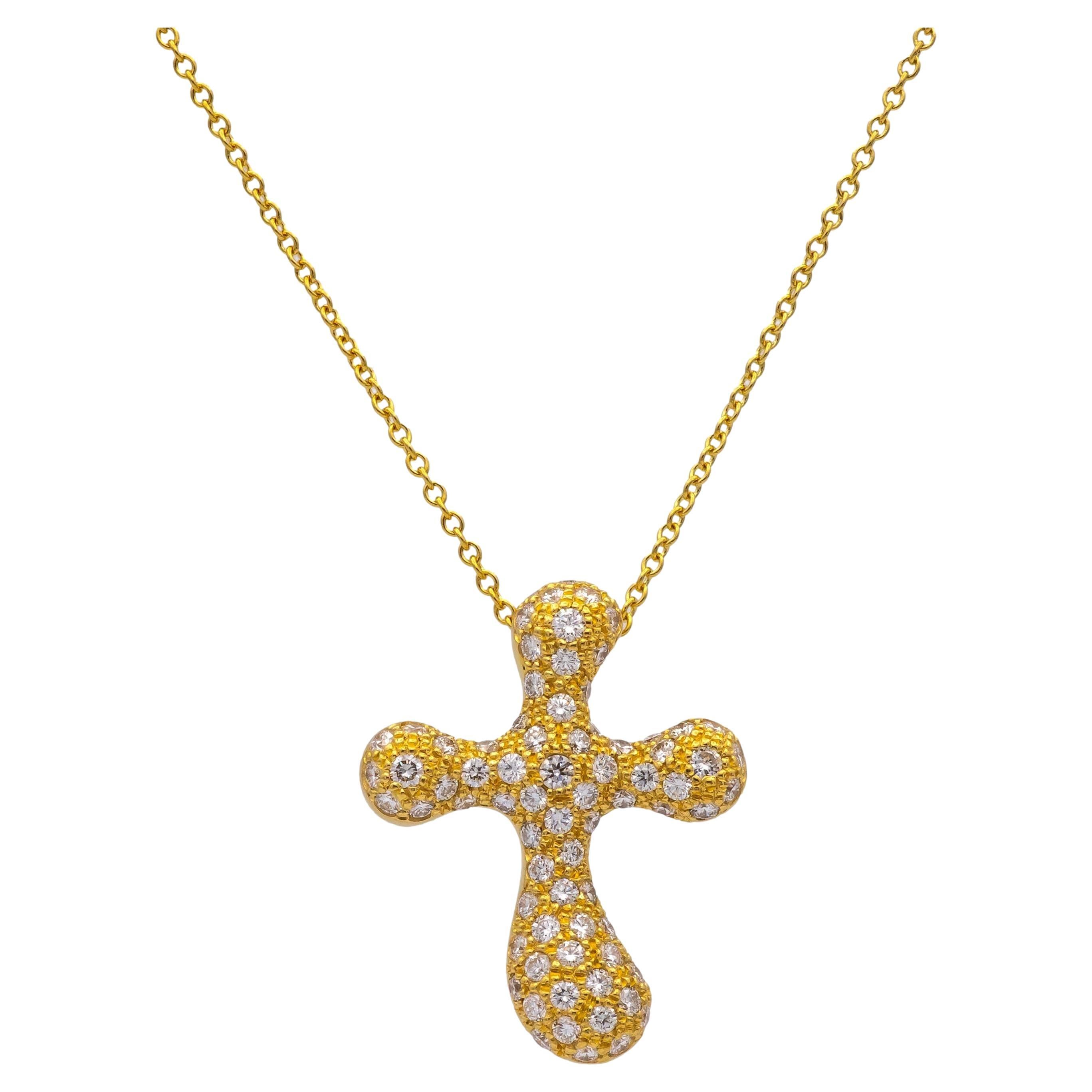 Tiffany & Co. Elsa Peretti 18K Yellow Gold Diamond Pave Cross Pendant Necklace