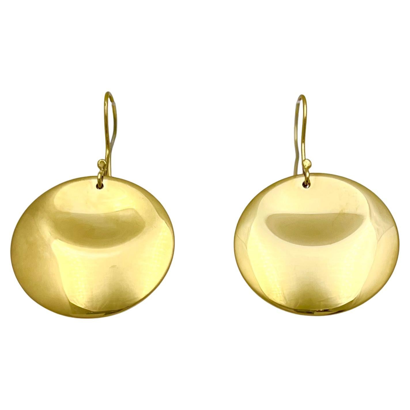Large version of the Tiffany & Co. Elsa Peretti 18k yellow gold disc drop earrings.  Circular disc-shaped drops measuring 30mm (approximately 1.2