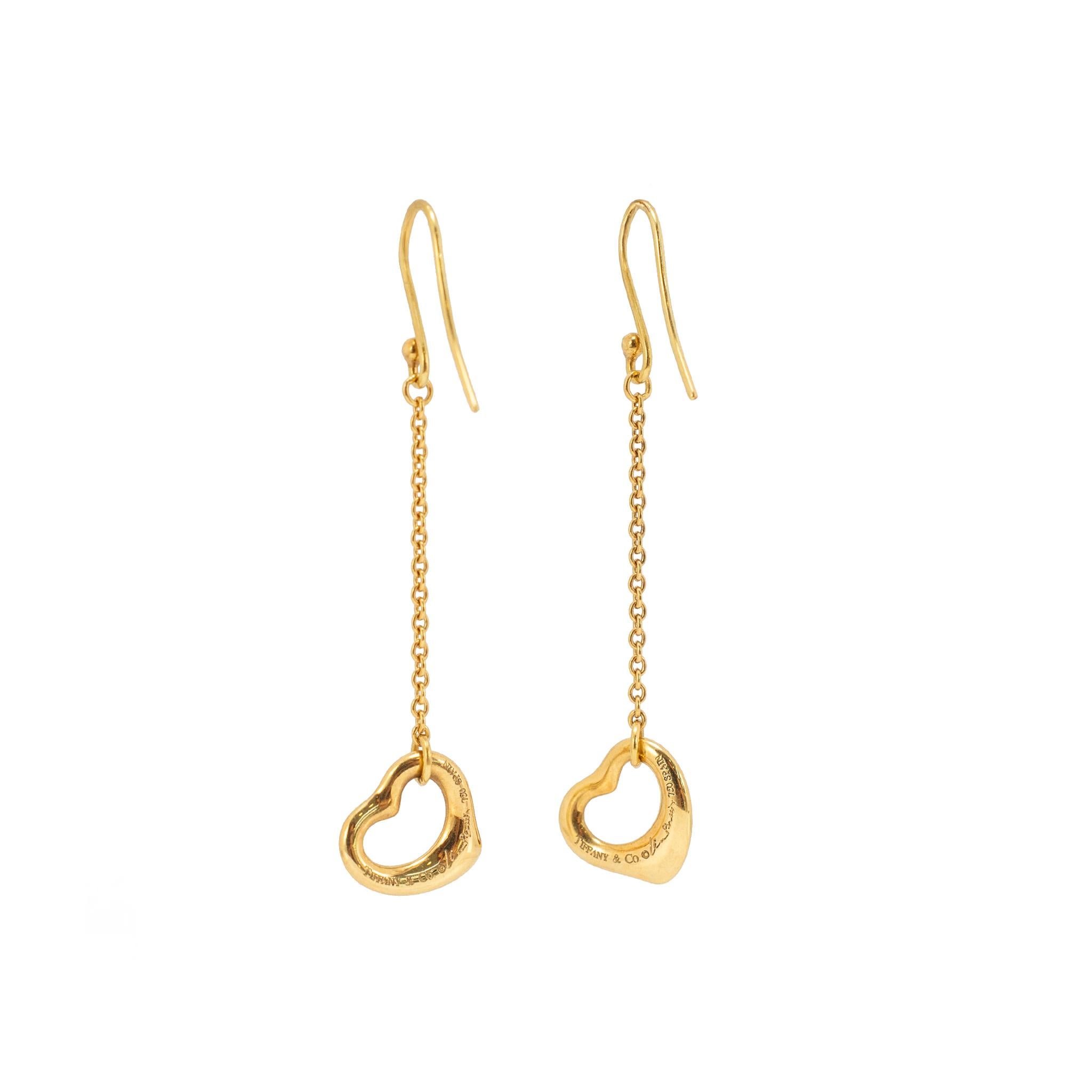Tiffany & Co. Boucles d'oreilles pendantes à cœur ouvert en or jaune 18K Elsa Peretti Excellent état - En vente à Houston, TX