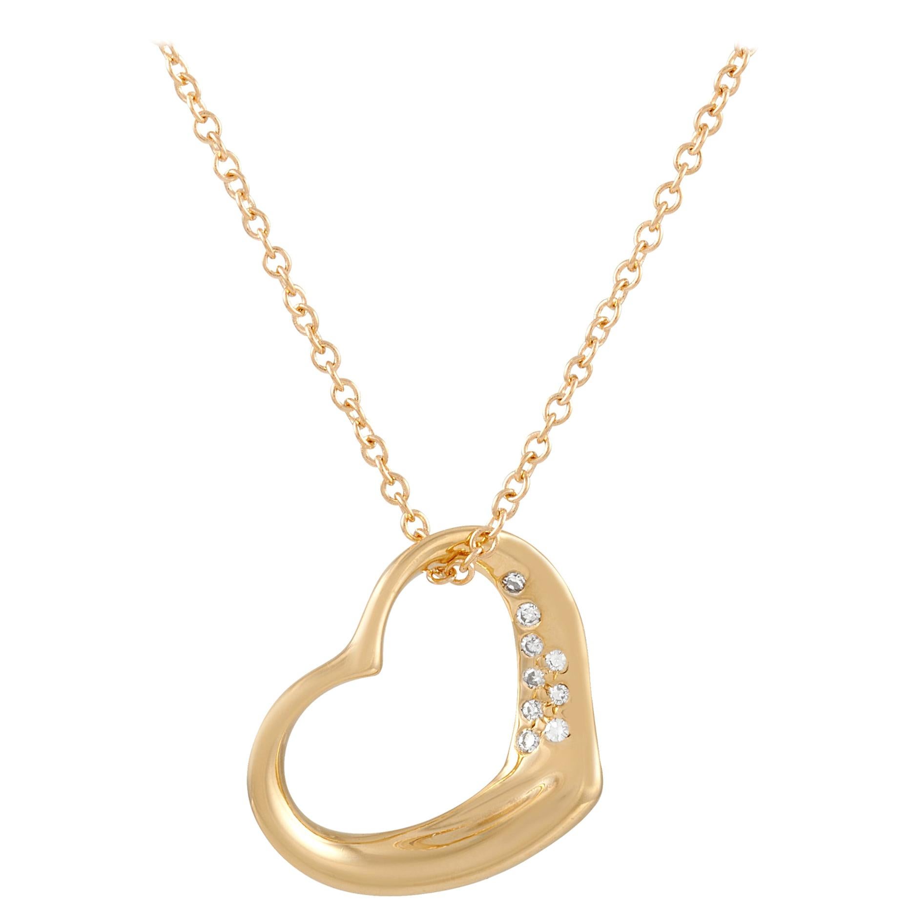 Tiffany & Co. Elsa Peretti 18K Yellow Gold Open Heart Diamond Pendant Necklace